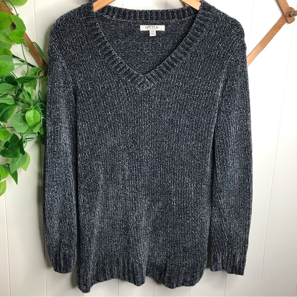 Orvis Ladies' Pullover V-Neck Marbled Navy Sweater Size Medium